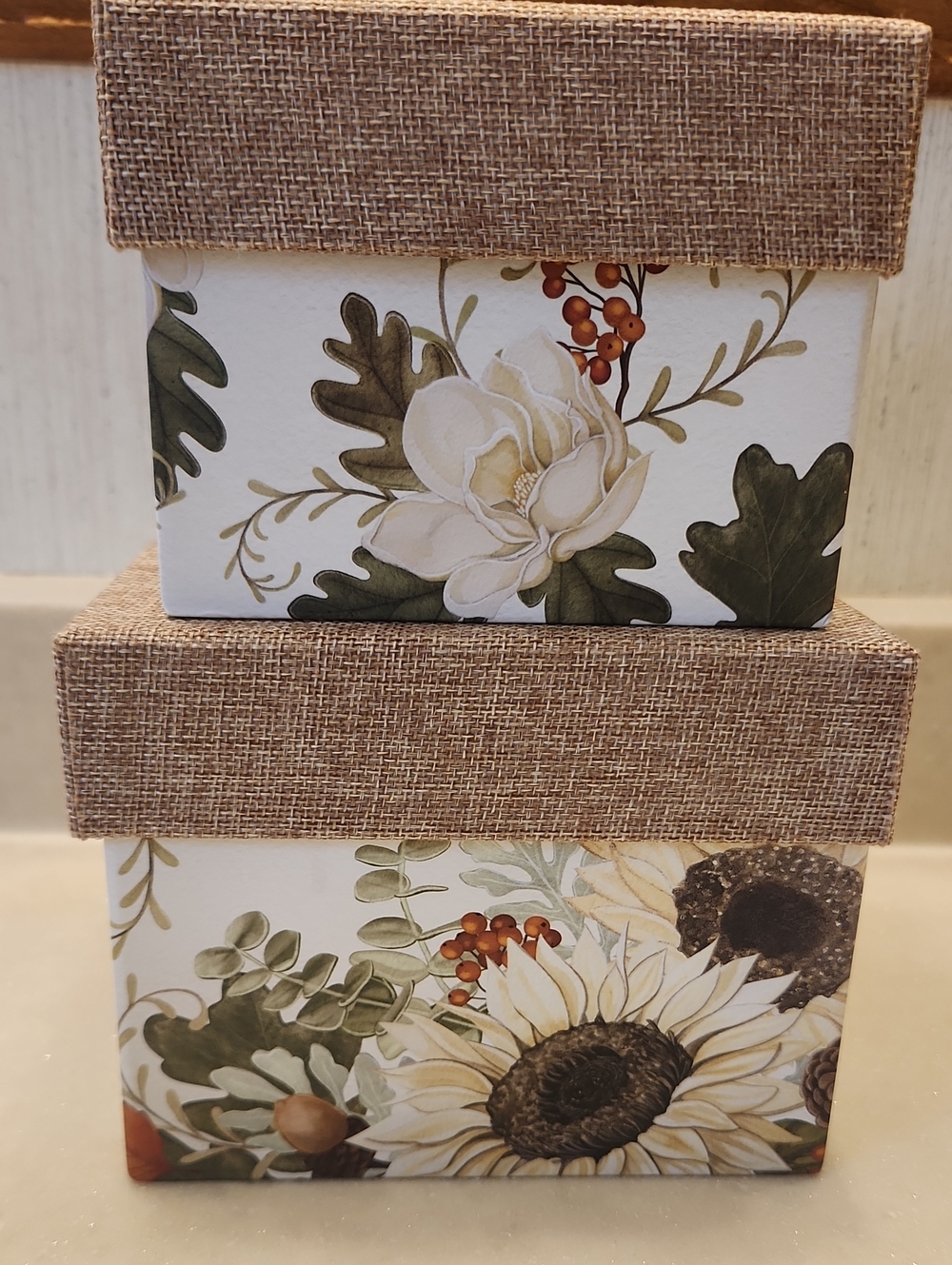 2 Floral Decorative Storage/Gift Boxes with Burlap Lids